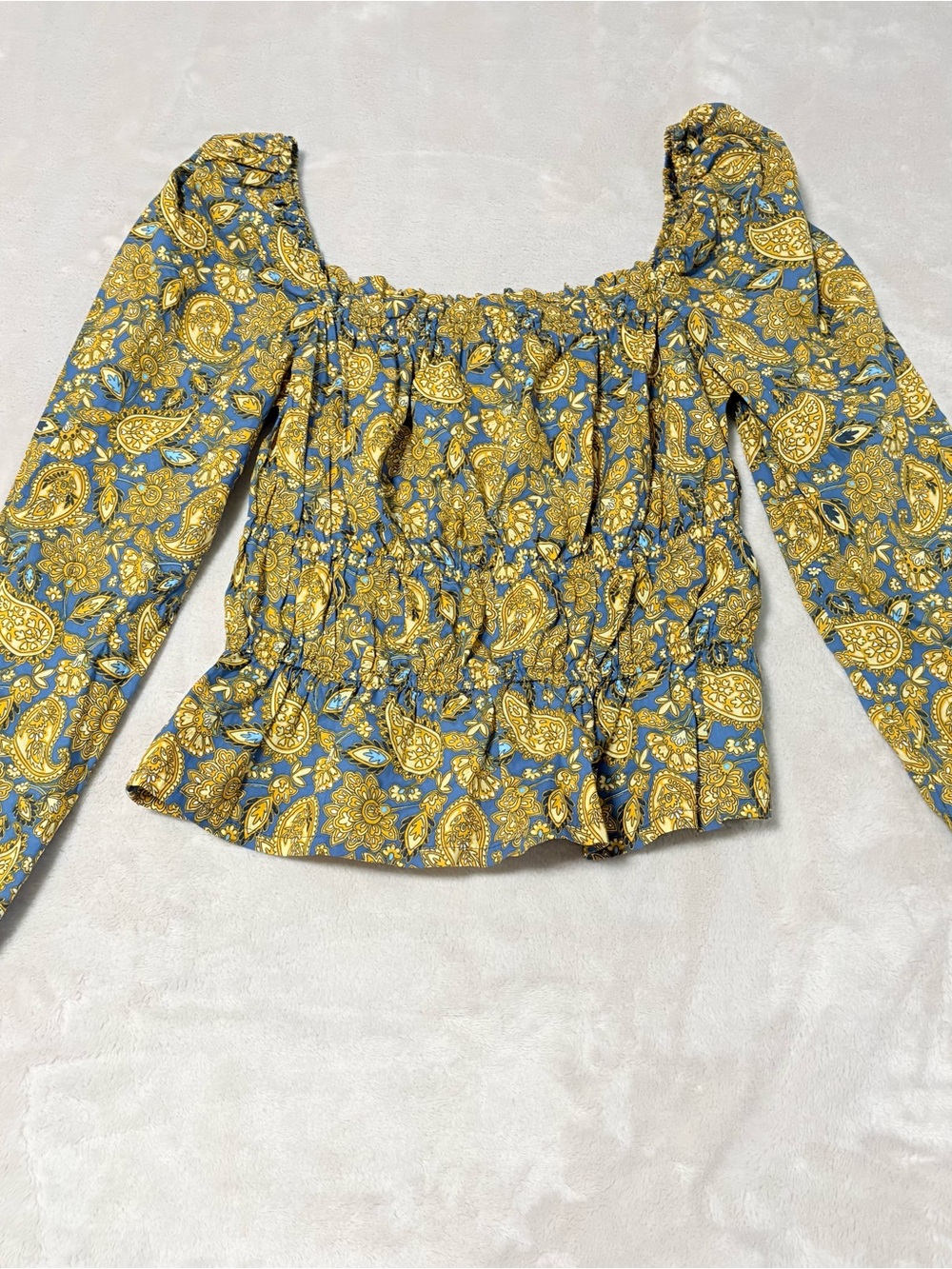 Boden Women Top Harvest Gold Paisley Terrace Ruched Peplum Babydoll sz 4